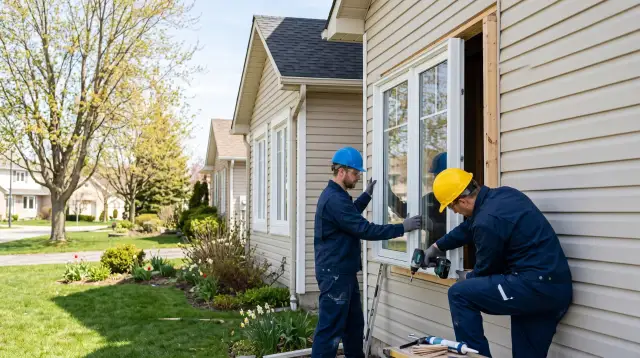 Two installers fitting a new window on a house