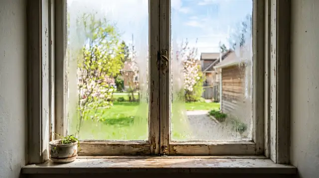 An old window with fogged glass and a peeling, worn frame